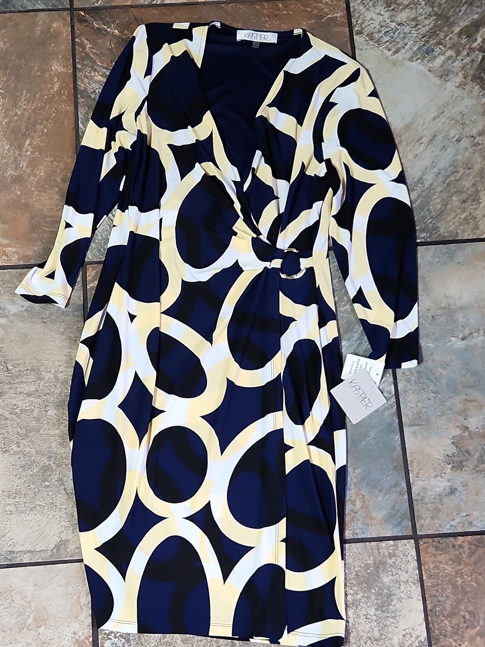 Kasper Navy, Cream & Yellow Geometric Wrap Dress